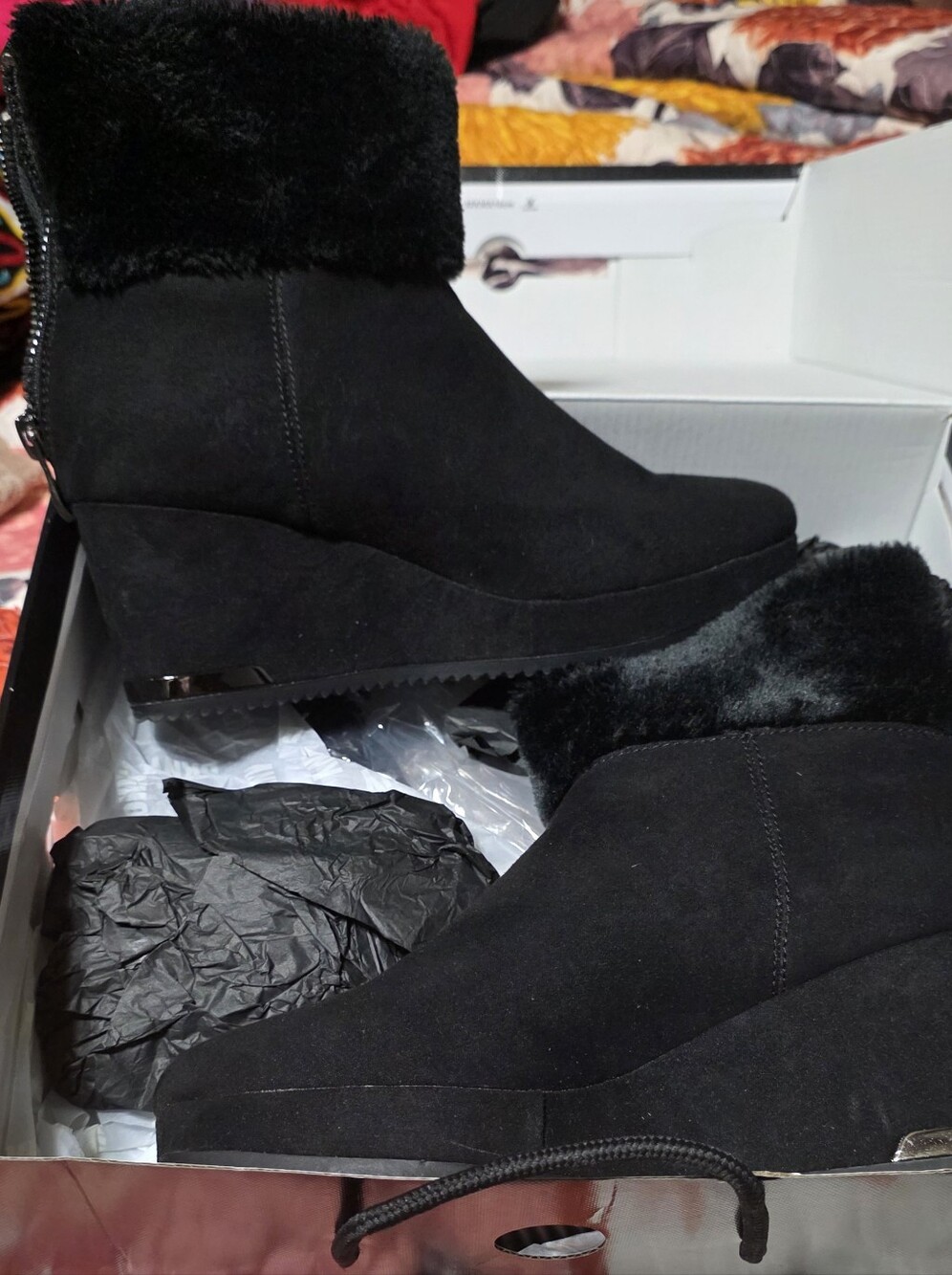 DKNY Black Faux Suede Wedge Ankle Boots with Faux-Fur Cuff